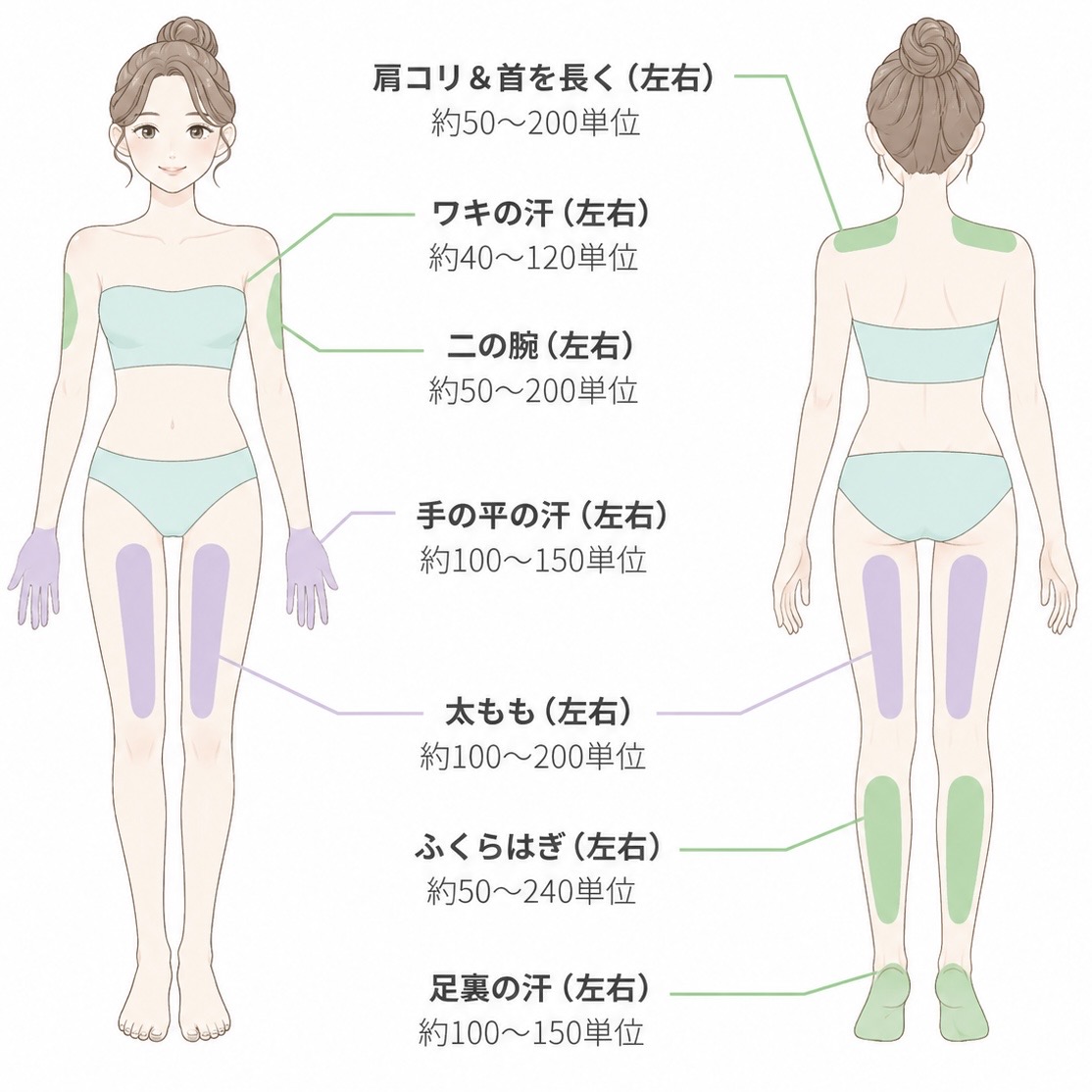 ボトックス 注入部位・目安単位(全身)